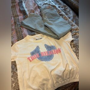 True Religion Cream and Blue Logo Tee with Tan Pants